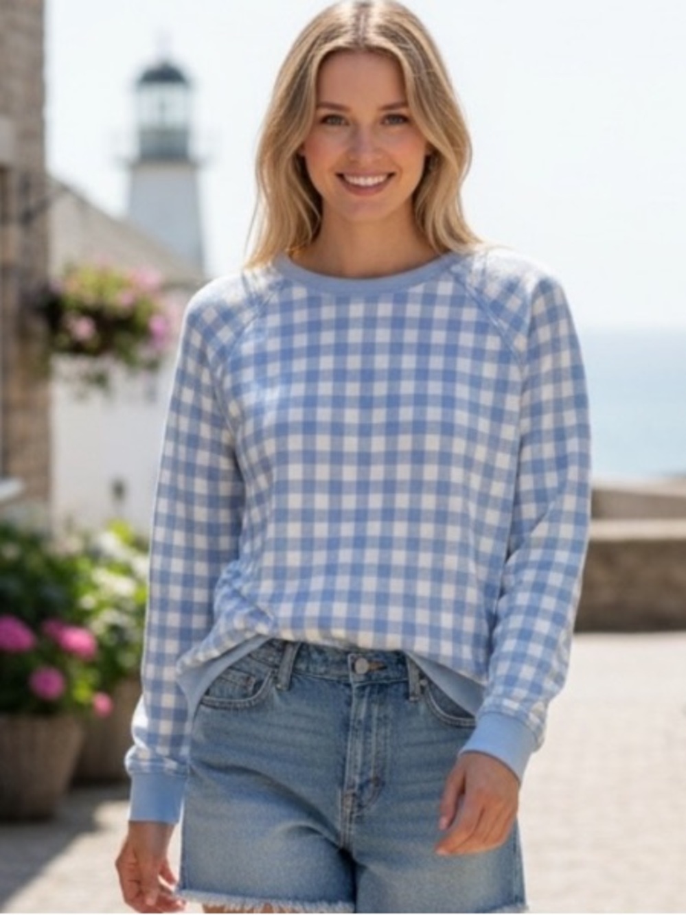 DRAPER JAMES BLUE & WHITE GINGHAM TERRYCLOTH SWEATSHIRT XL COTTAGECORE DAINTY